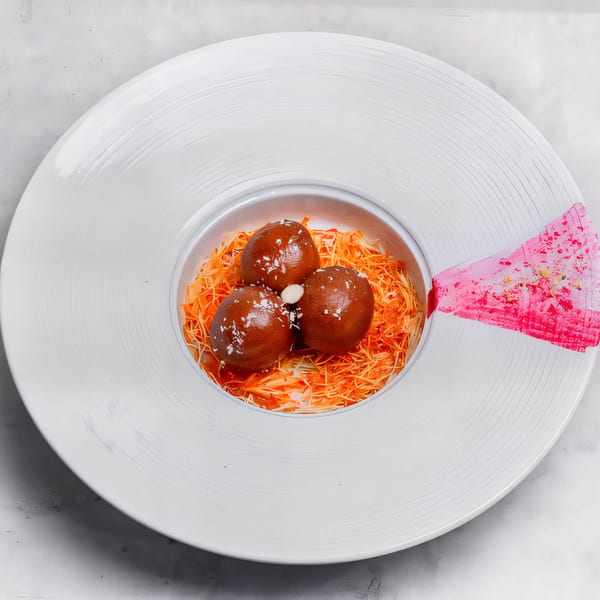 Three Gulab Jamun, Indian fried dough balls, in a nest of shredded phyllo, on a white plate.