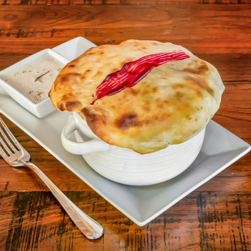 Indian dish with a baked bread crust and red sauce on top, served with a side of white sauce.