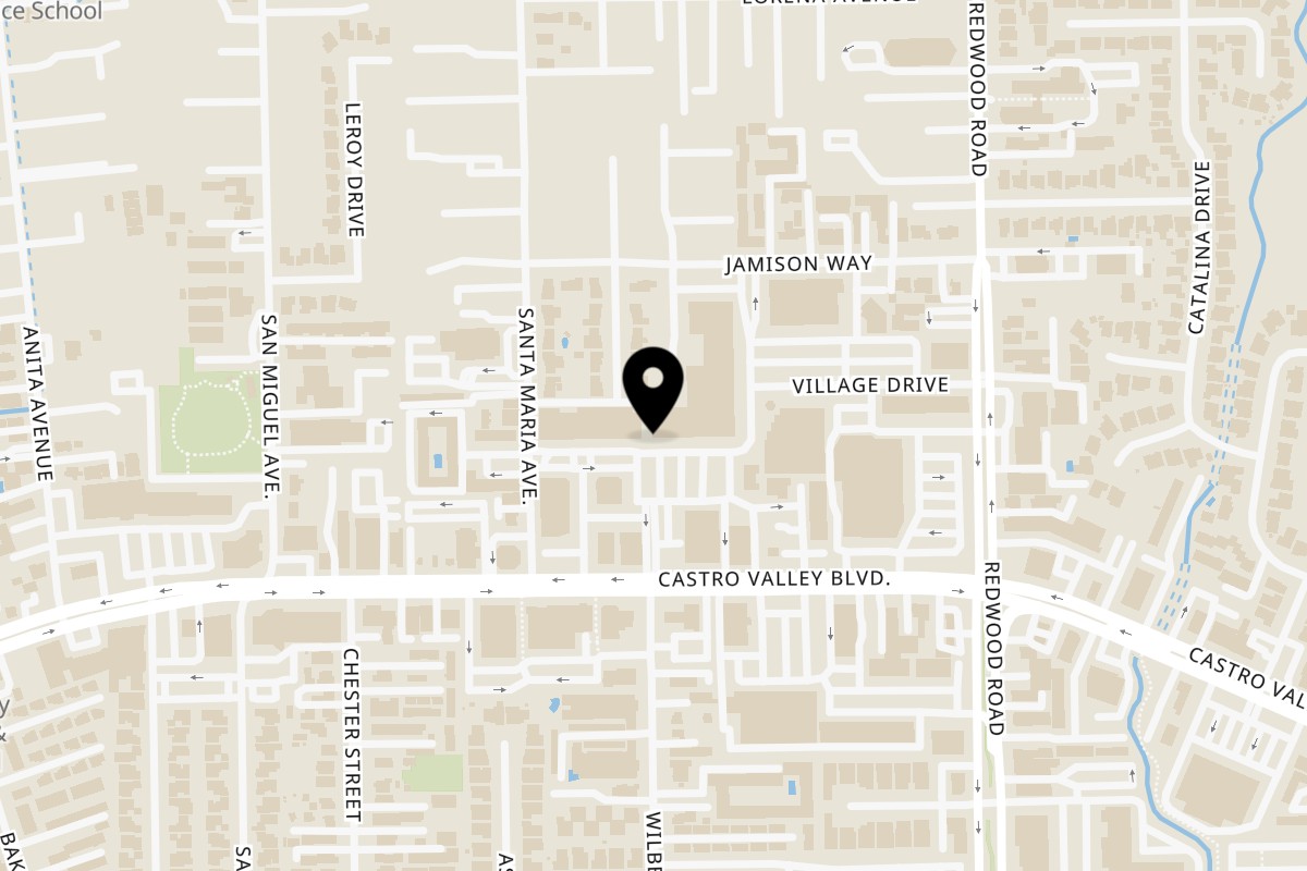 Map showing the location of Phulkari Indian Cuisine on 3418 Village Dr in Castro Valley